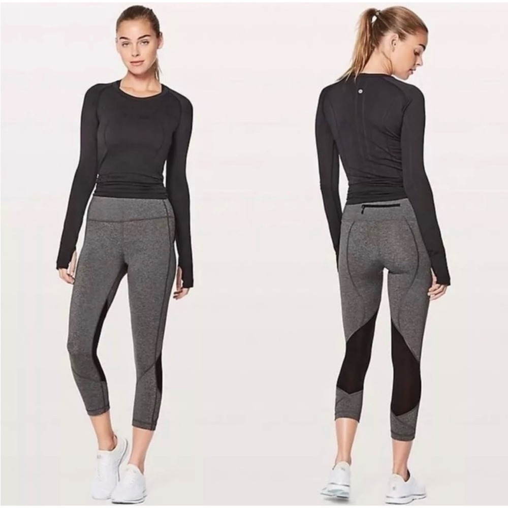 Lululemon Pace Rival 22" Crop Leggings Heathered Black Mesh Panel Size 6